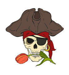 Pirate skull with hat, eye patch and red tulip on white background