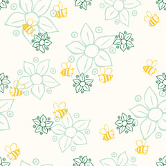Seamless pattern with yellow bees and flowers. Floral design for wedding invitations and birthday cards