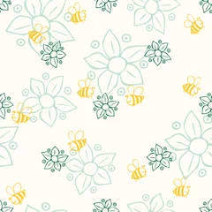 Fototapeten Seamless pattern with yellow bees and flowers. Floral design for wedding invitations and birthday cards © Aglia