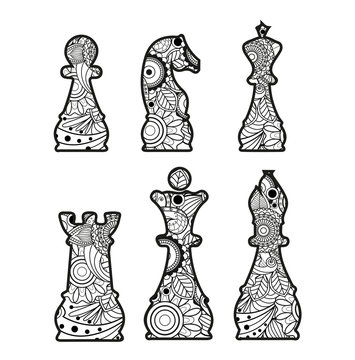 Vector illustration of chess pawns mandala for coloring book, pedine degli scacchi mandala da colorare vettoriali