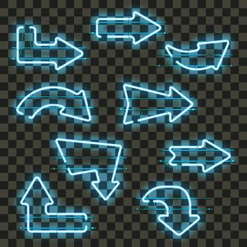 Set of glowing blue neon arrows isolated on transparent background. Shining and glowing neon effect. Every arrow is separate unit with wires, tubes, brackets and holders. Vector illustration.