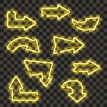 Set of glowing yellow neon arrows isolated on transparent background. Shining and glowing neon effect. Every arrow is separate unit with wires, tubes, brackets and holders. Vector illustration.