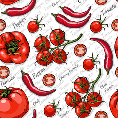 Fototapety  Seamless color pattern with cherry tomatoes, chili pepper and tomatoes