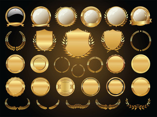 Golden shields laurel wreaths and badges collection - obrazy, fototapety, plakaty