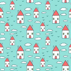 Seamless pattern - Cute city or village with red roof houses - vector hand drawn illustration. Cozy sweet home for a family, sketched minimalistic style building