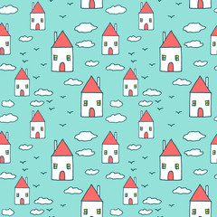 Seamless pattern - Cute city or village with red roof houses - vector hand drawn illustration. Cozy sweet home for a family, sketched minimalistic style building