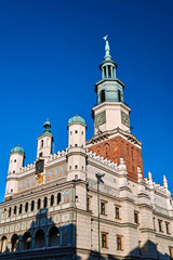 The tower of the Renaissance town hall in Poznan, Poland .