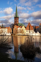 Luebeck, old town view with St. Petri church in red brick architekture