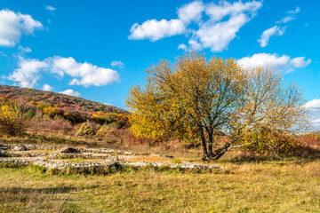 Roman ruins (Villa Rustica) under colorful autumn forest, hill,  November, Slovakia, near Bratislava