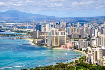 Panorama view of Honolulu and Waikiki Beach seen from Diamond Head Crater on the island of Oahu,...