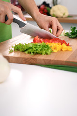 Close up of  woman's hands cooking in the kitchen. Housewife slicing ​​fresh salad. Vegetarian and healthily cooking concept