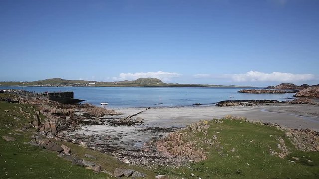 Fionnphort port Isle of Mull Scotland UK view to Iona island pan