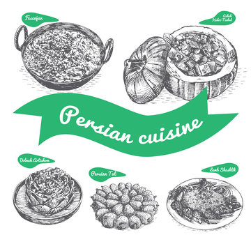 Monochrome vector illustration of Persian cuisine.