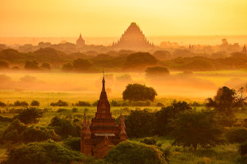 The silhouette Ancient temple on during sunrise ,Bagan Mandalay Myanmar