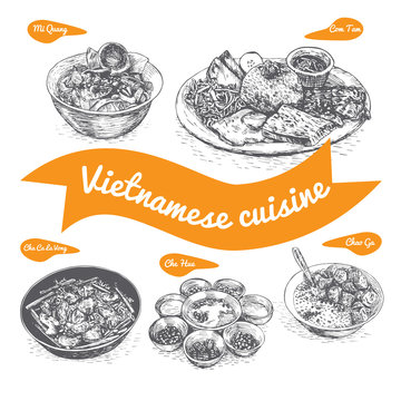 Monochrome vector illustration of Vietnamese cuisine.