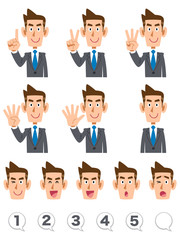 指で数字を示すビジネスマンの上半身
