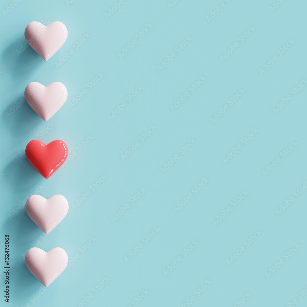 Poster vertical tiny hearts shapes made by red and pink heart on ble background for copy space. minimal con