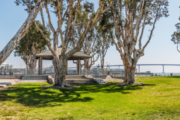 Fototapeta na wymiar Embarcadero Park South in San Diego, California with Pavilion and Coronado Bridge.