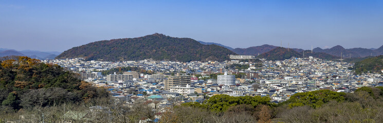 Fototapeta na wymiar Aerial cityscape from the white Heron castle - Himeji