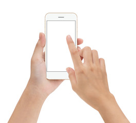 close-up hand touching phone mobile screen isolated on white