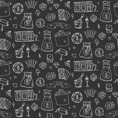 Seamless pattern with hand drawn doodle Casino icon set. Vector illustration. Cartoon Gambling symbols. Sketchy game collection: bet, jackpot, cards, chips, coins, darts, roulette, poker, money, slot.