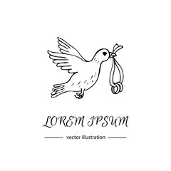 Hand drawn doodle vector illustration of Pigeon with two wedding rings. Love and Feelings symbol. Vector illustration. Sketchy icon for Valentine's day, Mothers day, wedding, love and romantic events.