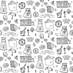 Seamless pattern with hand drawn doodle Casino icon set. Vector illustration. Cartoon Gambling symbols. Sketchy game collection: bet, jackpot, cards, chips, coins, darts, roulette, poker, money, slot.