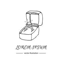Hand drawn doodle vector illustration of Box with sparkling engagement ring. Love and Feelings symbol. Vector illustration. Sketchy icon for Valentine's day, Mothers day, wedding, romantic events.