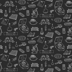 Seamless pattern Hand drawn doodle Medical laboratory icons set. Vector illustration. Chemical lab symbol collection. Cartoon medicine and healthcare elements: research tools, substance and molecules