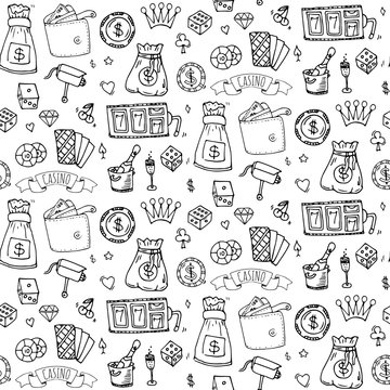 Seamless pattern with hand drawn doodle Casino icon set. Vector illustration. Cartoon Gambling symbols. Sketchy game collection: bet, jackpot, cards, chips, coins, darts, roulette, poker, money, slot.