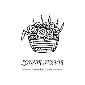 Hand drawn doodle vector illustration with flower basket. Love and Feelings symbol. Vector illustration. Sketchy icon for Valentine's day, Mothers day, wedding, love and romantic events.