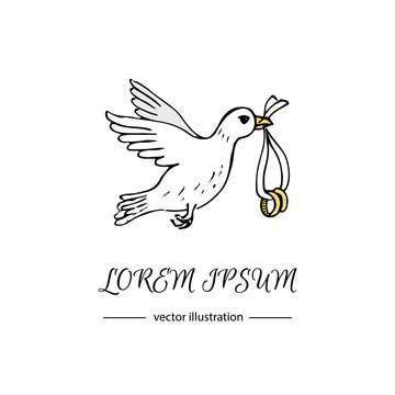 Hand drawn doodle vector illustration of Pigeon with two wedding rings. Love and Feelings symbol. Vector illustration. Sketchy icon for Valentine's day, Mothers day, wedding, love and romantic events.