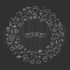 Hand drawn doodle Tea time icon set. Vector illustration. Isolated drink symbols collection. Cartoon various beverage element: mug, cup, teapot, leaf, bag, spice, plate, mint, herbal, sugar, lemon.