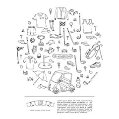 Hand drawn doodle Golf icons set. Vector illustration. Game collection. Cartoon golfing various sketch elements: clubs, tee, bag, cart, sport cloth, shoes, polo shirt, umbrella, flag, hole, grass.