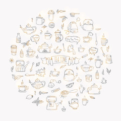 Hand drawn doodle Tea time icon set. Vector illustration. Isolated drink symbols collection. Cartoon various beverage element: mug, cup, teapot, leaf, bag, spice, plate, mint, herbal, sugar, lemon.