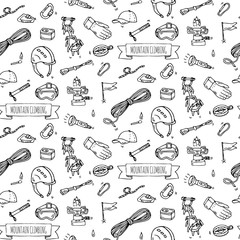 Seamless pattern hand drawn doodle Mountain Climbing icons set. Vector illustration. Mountaineering equipment collection. Cartoon sketch elements for trekking, hiking, tourism, expedition, camping.