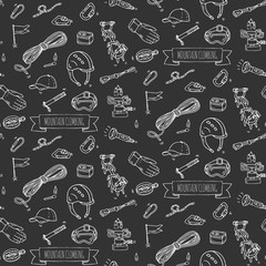Seamless pattern hand drawn doodle Mountain Climbing icons set. Vector illustration. Mountaineering equipment collection. Cartoon sketch elements for trekking, hiking, tourism, expedition, camping.