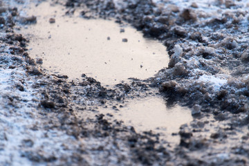frozen puddle in the morning as a background