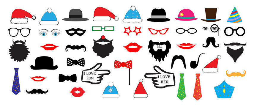 Christmas Retro Party set - Glasses, hats, lips, mustaches, masks - for design, photo booth in vector, illustration