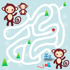 Set of funny brown monkey on light blue background.  labyrinth game for Preschool Children. Vector