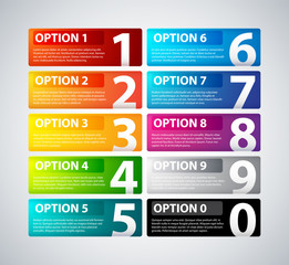 10 colorful banners with numbers from zero to nine.