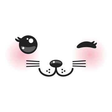 Kawaii funny cat muzzle with pink cheeks and winking eyes on white background. Vector