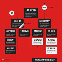 Organization chart template with geometric elements on bright red background. Useful for science and business presentations.