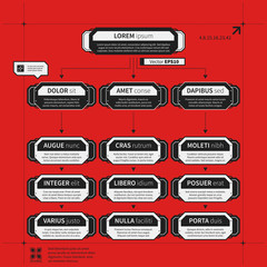 Organization chart template with geometric elements on bright red background. Useful for science and business presentations.