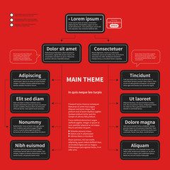 Organization chart template with geometric elements on bright red background. Useful for science and business presentations. - 132482686