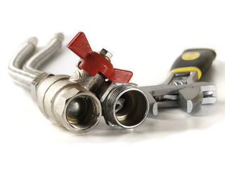 flexible fittings, ball valve and adjustable wrench, shallow depth of field