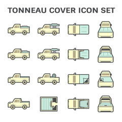Pick up truck in top, side and rear view vector icon. Include rack, roll bar, tonneau, tray or bed cover both soft and hard i.e. lid, canvas and shutter. Accessories for close, open, load, carry.