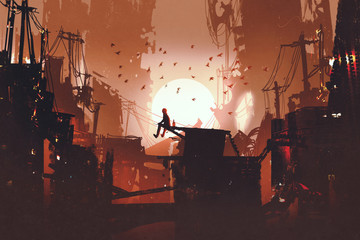 man sitting on a roof in city watching the sunrise,illustration painting © grandfailure
