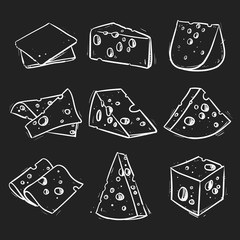 Cheese isolated on a black background, Hand drawn cheese vector illustration