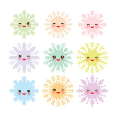Kawaii snowflake set blue mint orange pink lilac funny face with eyes and pink cheeks on white background. Vector